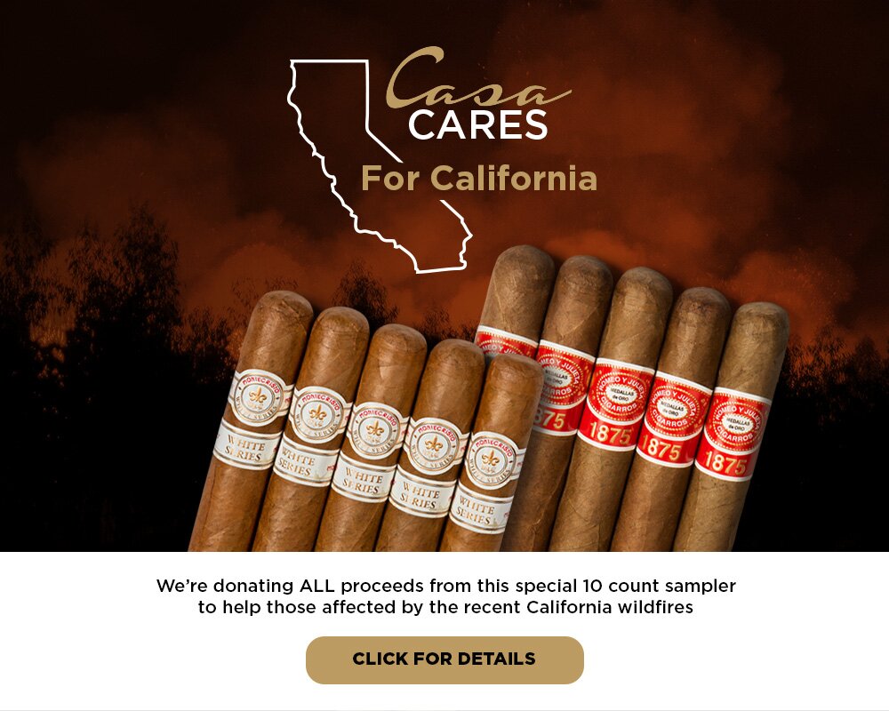 five romeo cigars and five montecristo cigars with a wildfire background, the casa cares logo and button that says click for details