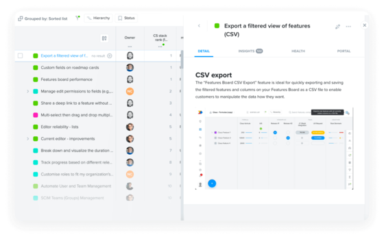 Screenshot of connecting insights with features in Productboard