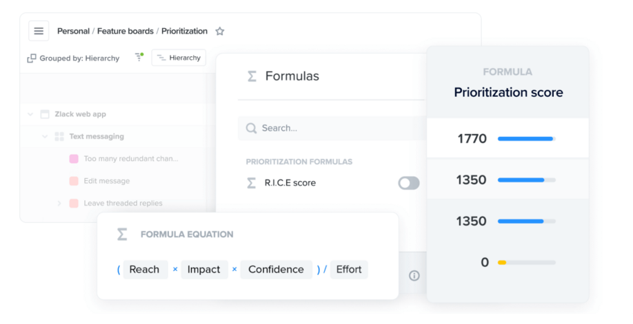 Image of prioritization features in Productboard