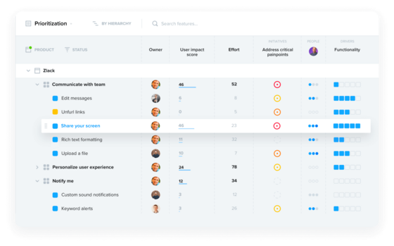 Screenshot showing clear prioritization of product management features