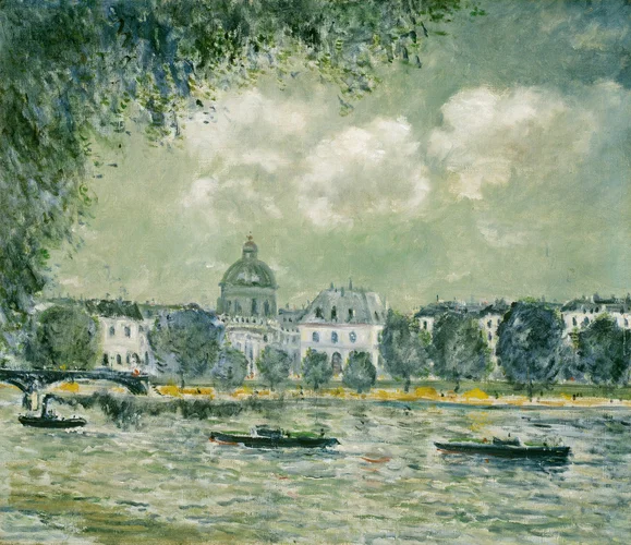 Impressionist painting of the Seine in Paris, with a domed building and bridge behind the water