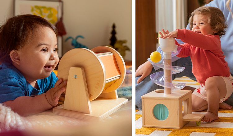 Toddler play with Lovevery's Squeeze and Spray Mop and a baby playing with Lovevery's Magic Tissue Box