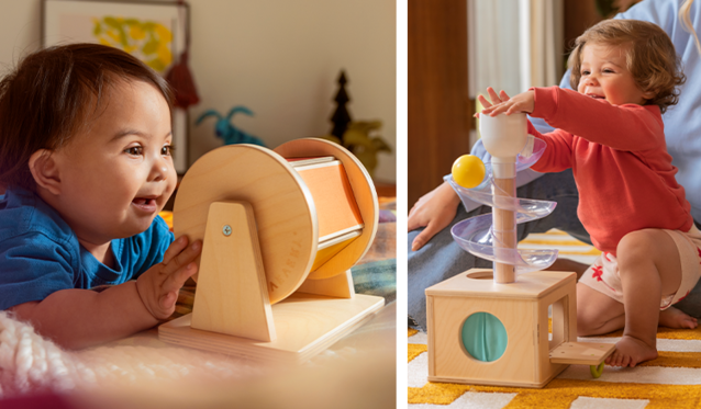 Baby looking at Lovevery's Black and White Card Set and a toddler playing with Lovevery's Race and Chase Ramp