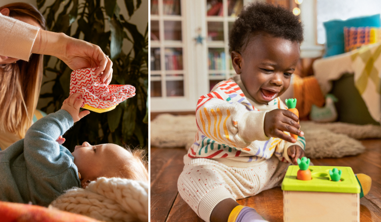 Baby looking at Lovevery's Black and White Card Set and a toddler playing with Lovevery's Race and Chase Ramp