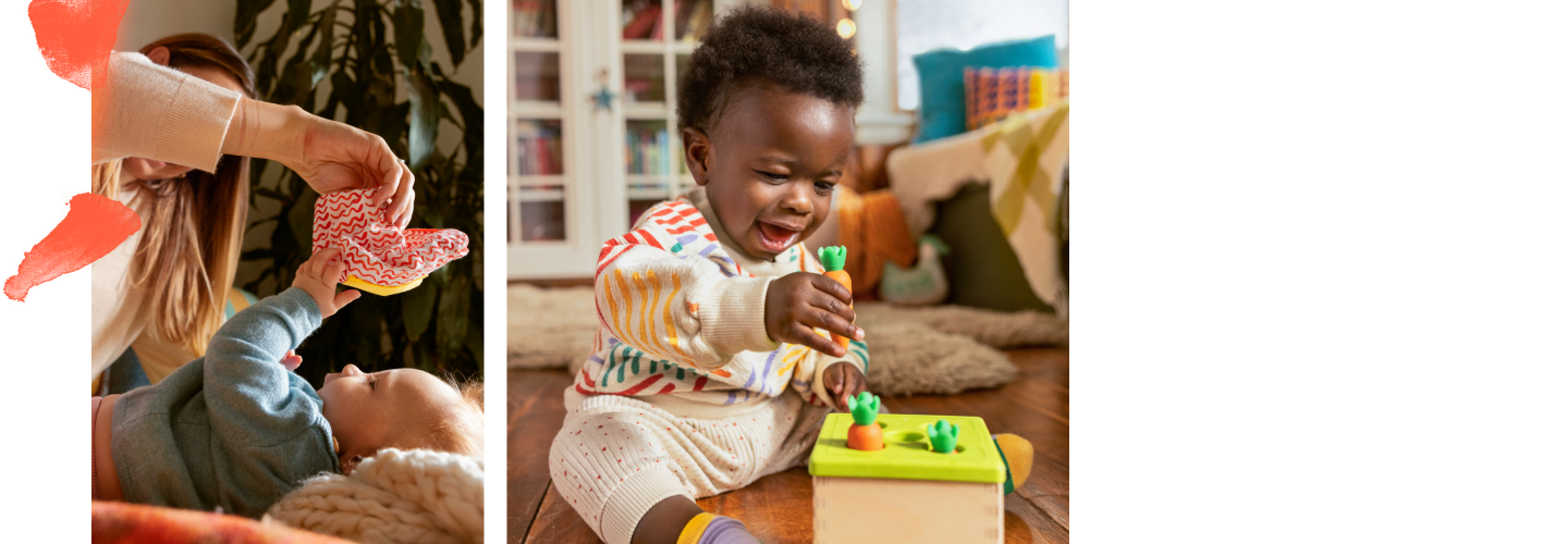 Toddler play with Lovevery's Squeeze and Spray Mop and a baby playing with Lovevery's Magic Tissue Box