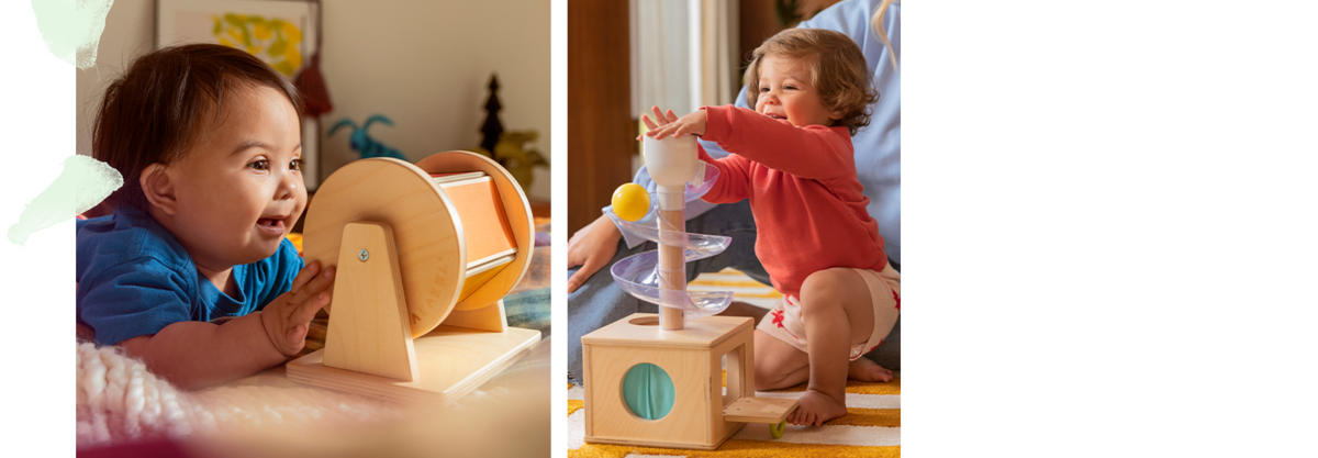 Toddler play with Lovevery's Squeeze and Spray Mop and a baby playing with Lovevery's Magic Tissue Box