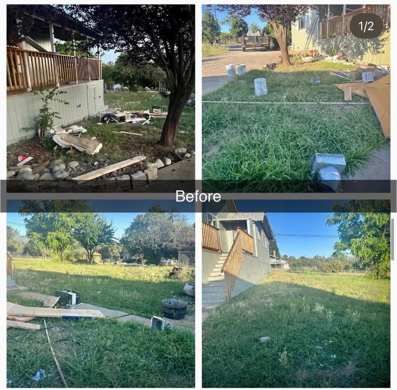 Before-and-after collage showing an overgrown residential yard before cleanup