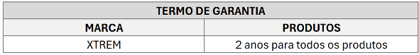 tabela de garantia xtrem mostrando 2 anos para todos os produtos de bagagem e mochilas