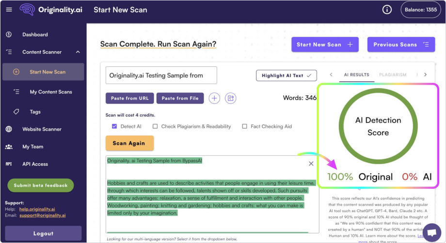 Originality.ai AI detector test