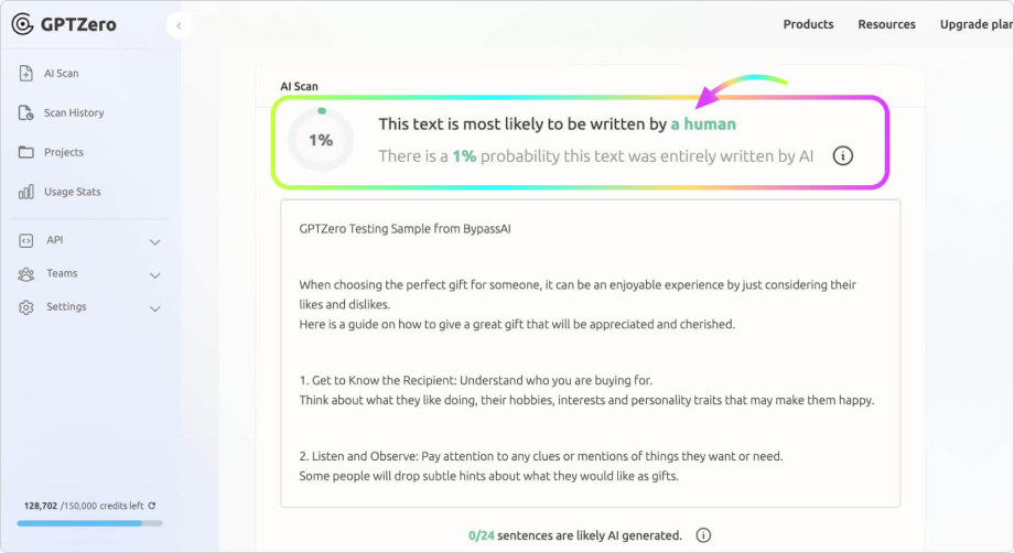 GPTZero AI detector test