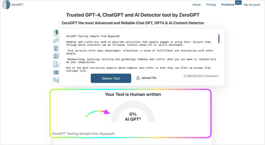 ZeroGPT AI detector test