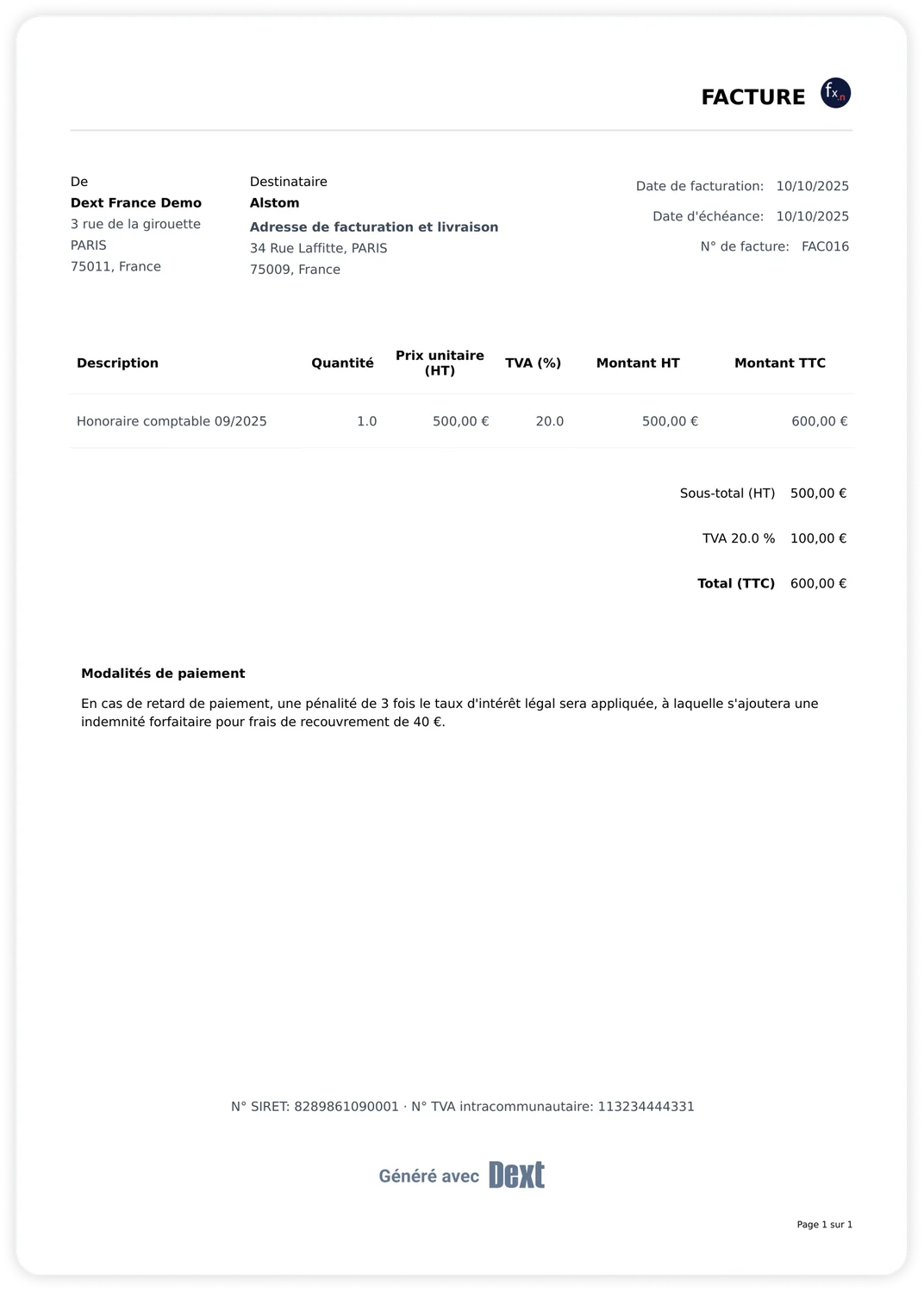 Illustration produit : exemple de facture électronique créée sur Dext