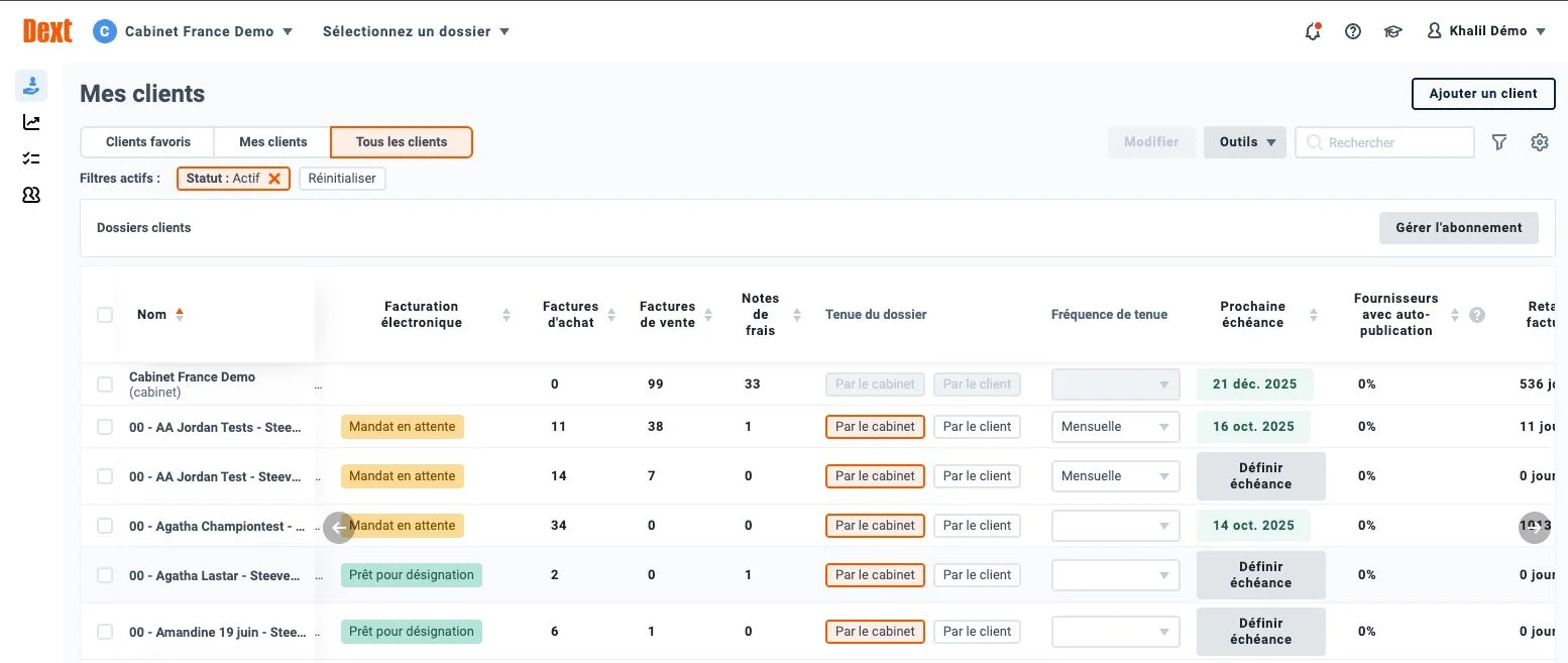 Illustration produit : filtrage sur le statut client pour gérer les statuts de mandat sur Dext