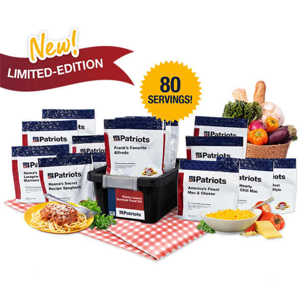 4Patriots New Limited-Edition Pasta Lovers Survival Food Kit including 80 servings.