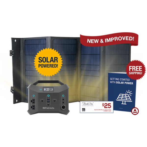 Patriot Power Sidekick, included 40-Watt solar panel come with free bonus gufts: $25 gift certificate and Solar Power Digital Report, plus Free shipping and handling.