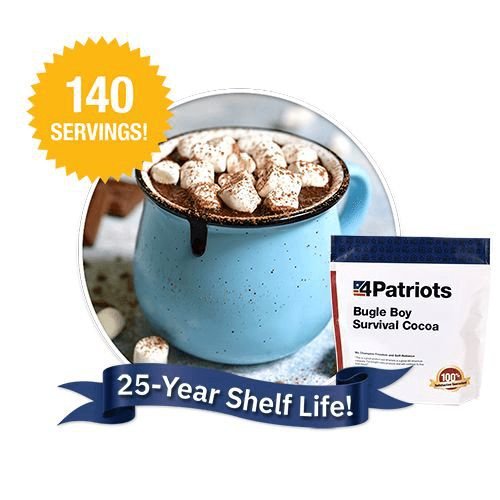 4Patriots Bugle Boy Survival Cocoa has 140 servings and has 25-Year shelf life.