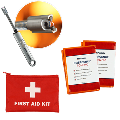 1 Customer-Favorite Safety Trio Kit which includes 1 Mini First Aid Kit, 2 Emergency Blankets, and 1 Freedom Flame