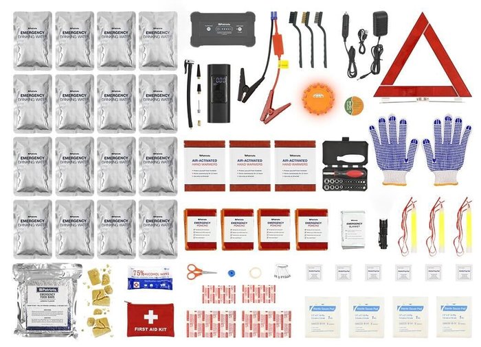 Array of Patriot Power All-in-1 Emergency Car Kit. Power, Food & Safety All-In-1. 