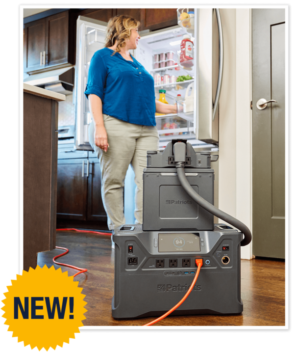 Woman powering her refrigerator by using the NEW Patriot Power Generator 2000X Expansion Pack attached to the Patriot Power Generator 2000X