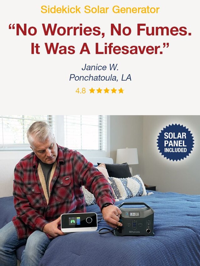 A man plugging in his CPAP machine into his Patriot Power Sidekick during a power outage
