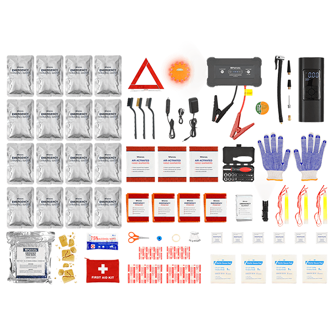Array of Patriot Power All-in-1 Emergency Car Kit. Power, Food & Safety All-In-1. 