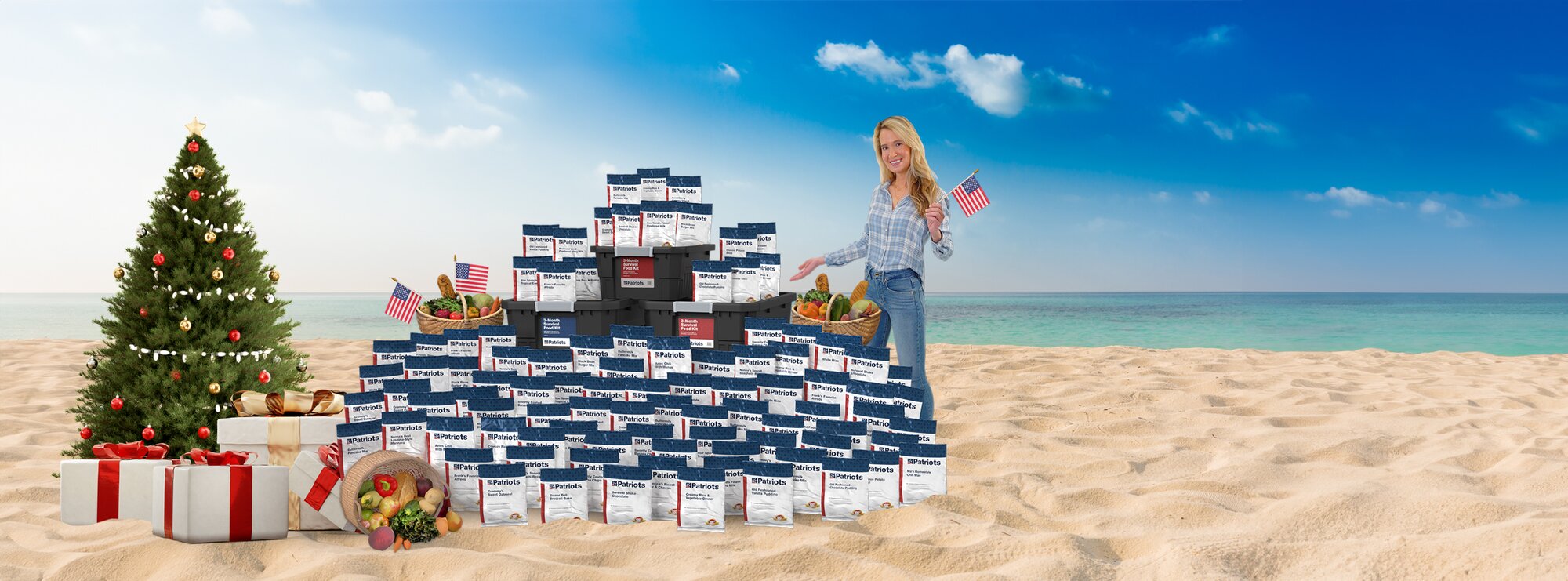 A woman standing on the beach with a Christmas tree and a
            full stock of the 3-Month PlatinumXL food kit celebrating 