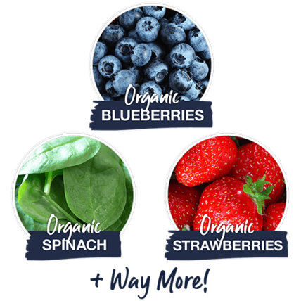 3 images of organic blueberries, organic spinach, and organic strawberries