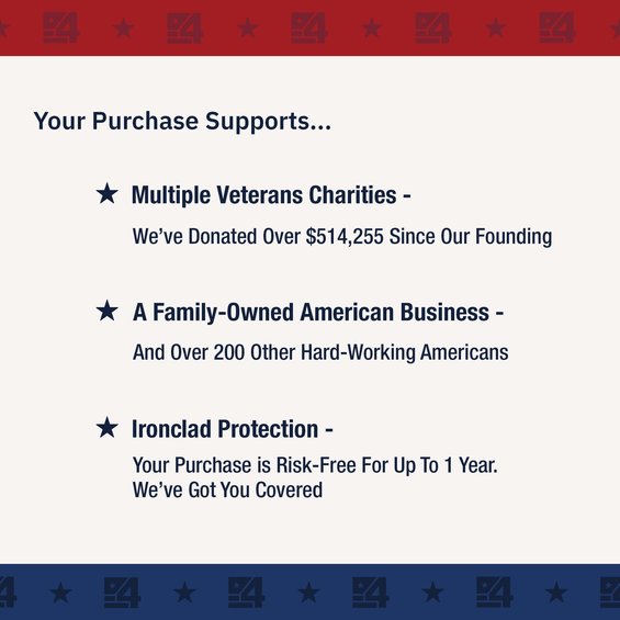 Image that lists that purchases support veteran charities by a family-owned business, and the 1 Year Warranty