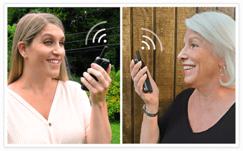 Two women talking back and forth with each other on the Talk-N-Go Rechargeable Walkie Talkie