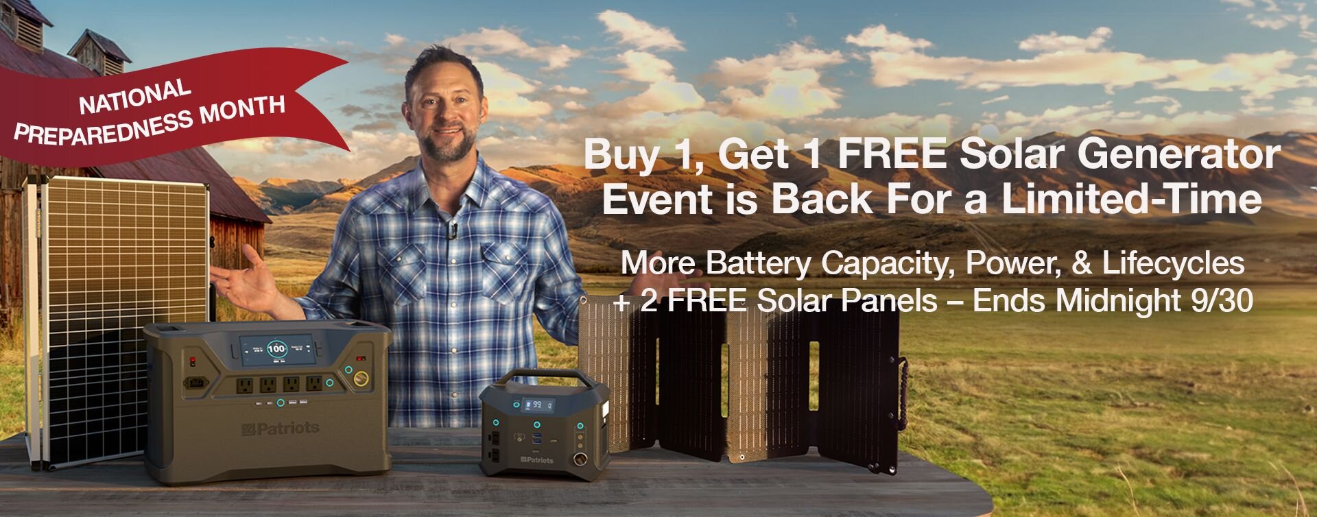 Retired Navy Seal in the mountains showing the Patriot Power Generator 2000X and the Free Sidekick plus 2 Free Solar Panels for the National Preparedness Month Event