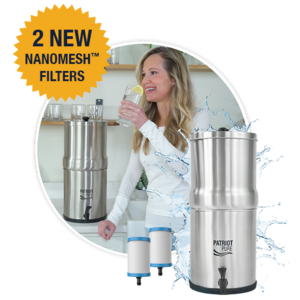 Woman drinking water next to Patriot Pure Ultimate Water Filtration System with NEW Nanomesh Filter Technology