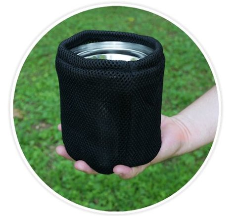 Person holding the StarFire Camp Stove in a mesh nylon bag.