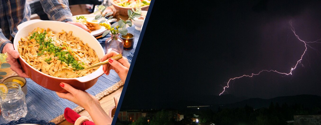 A family eats a meal prepared from the 4Patriots 3-Month Emergency Survival Kit during a blackout.