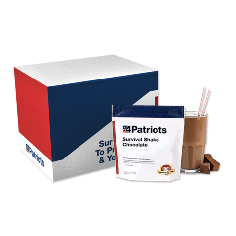 Chocolate survival shake kit pouch next to an easy-to-carry box and a shake in a glass.