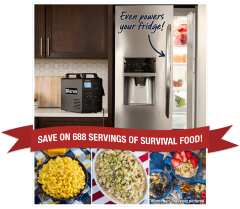 Patriot Power Generator powering refrigerator and 3 recipes from 4Patriots 3-Month Kit