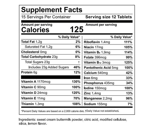 Sur-vital tabs survival food supplement facts label.