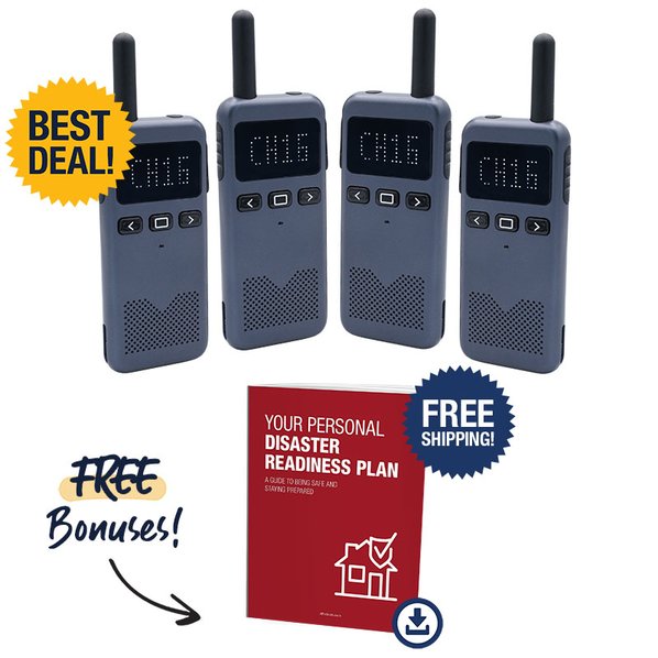 Four Talk-N-Go Rechargeable Walkie Talkies including the free bonus gift: your personal disaster readiness plan digital report