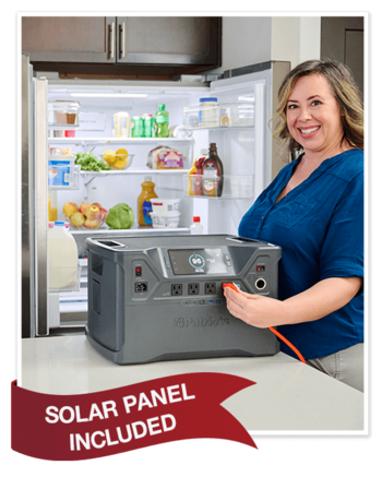 Woman using her Patriot Power Generator 2000X to power her fridge. Solar panel included!