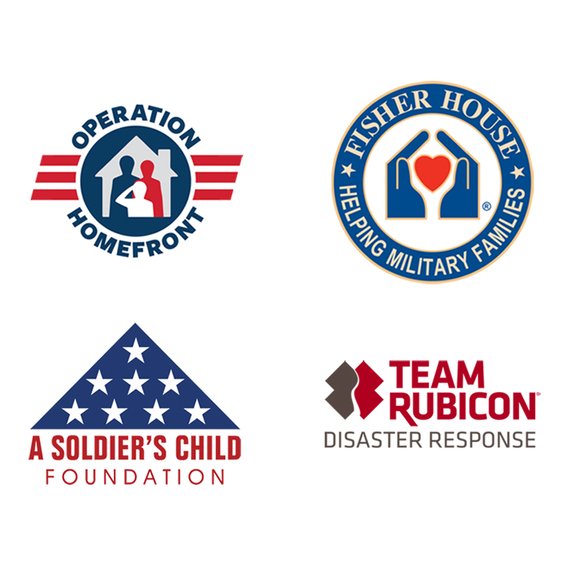 Images that lists logos of charities supported: Operation Homefront, Fisher House, A Soldier's Child Foundation, and Team Rubicon