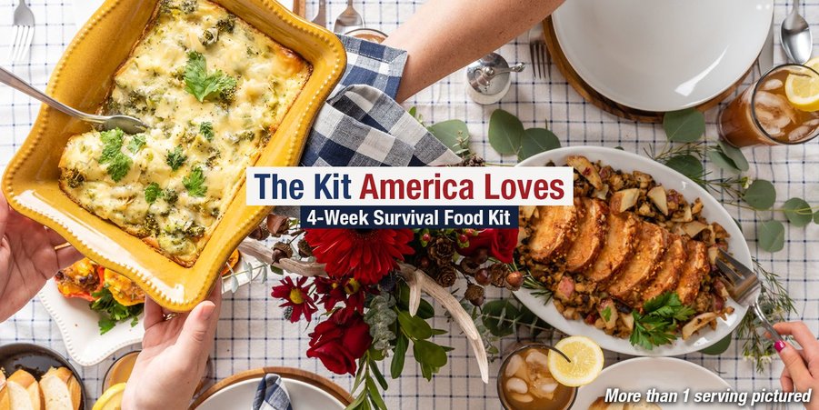 4 Week Survival Food Kit Recipes Spread out on a table with people passing dishes around