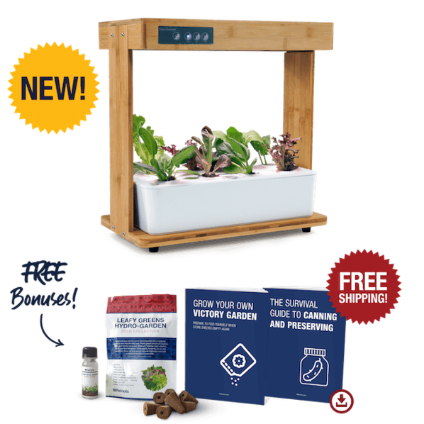 Tabletop Hydro-garden kit includes free bonus gifts: bountiful green plant food, hydro-garden seed pods, grow your own victory garden digital report, survival guide to canning and preserving digital report