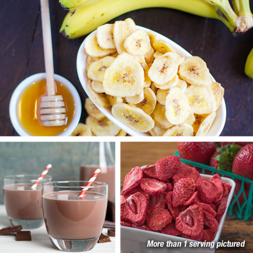 Sweetly coated banana chips, Heartland's Finest Powdered Instant Milk, and Freeze-Dried Strawberries.