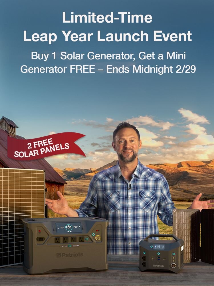 Retired Navy Seal in the mountains showing the Patriot Power Generator 2000X and the new Sidekick with 2 Free Solar Panels for the Leap Year Launch Event