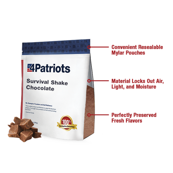 Chocolate survival shake mylar pouch: Convenient reusable mylar pouches, material locks out air, light & moisture, perfectly preserved fresh flavor