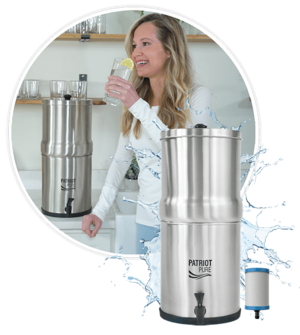 Woman drinking water next to Patriot Pure Ultimate Water Filtration System with NEW Nanomesh Filter Technology