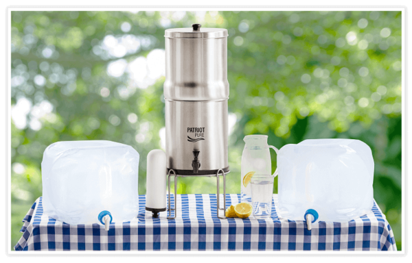Patriot Pure Ultimate Water Filtration System and 2 5-Gallon Aqua Totes.