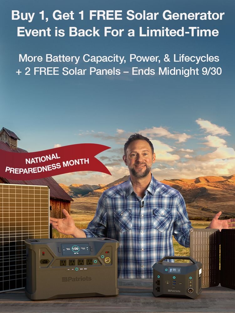 Retired Navy Seal in the mountains showing the Patriot Power Generator 2000X and the Free Sidekick plus 2 Free Solar Panels for the National Preparedness Month Event