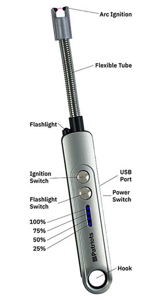 Freedom flame with all of the features pointed out: arc ignition, flexible tube, flashlight, ignition switch, usb port, power switch, flashlight switch, percentage indicator, hook