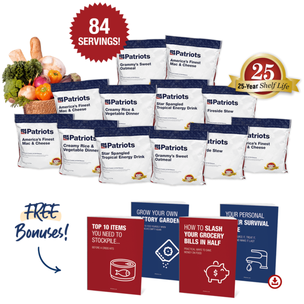 2-Week Survival Food Kit includes free bonus gifts: Top 10 Items Sold Out After a Crisis Digital Guide, Water Survival Digital Guide, Survival Garden Digital Guide, How To Cut Your Grocery Bills in Half Digital Guide