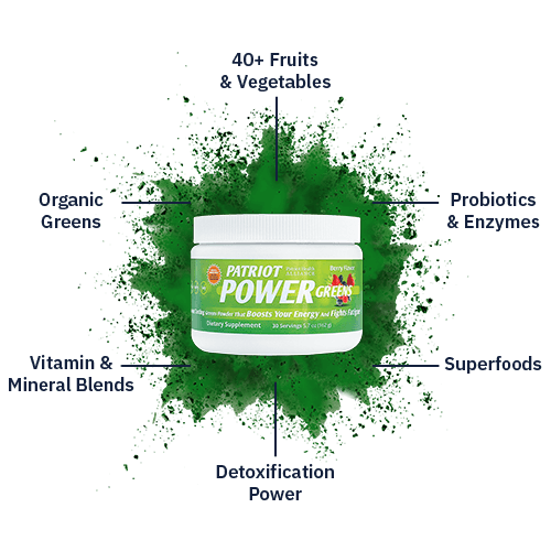 Patriot Power Greens diagram showing 40+ Fruits & Vegetables, Organic Greens, Probiotic & Enzymes, Vitamins & Minerals, Superfoods, and Detoxification Power